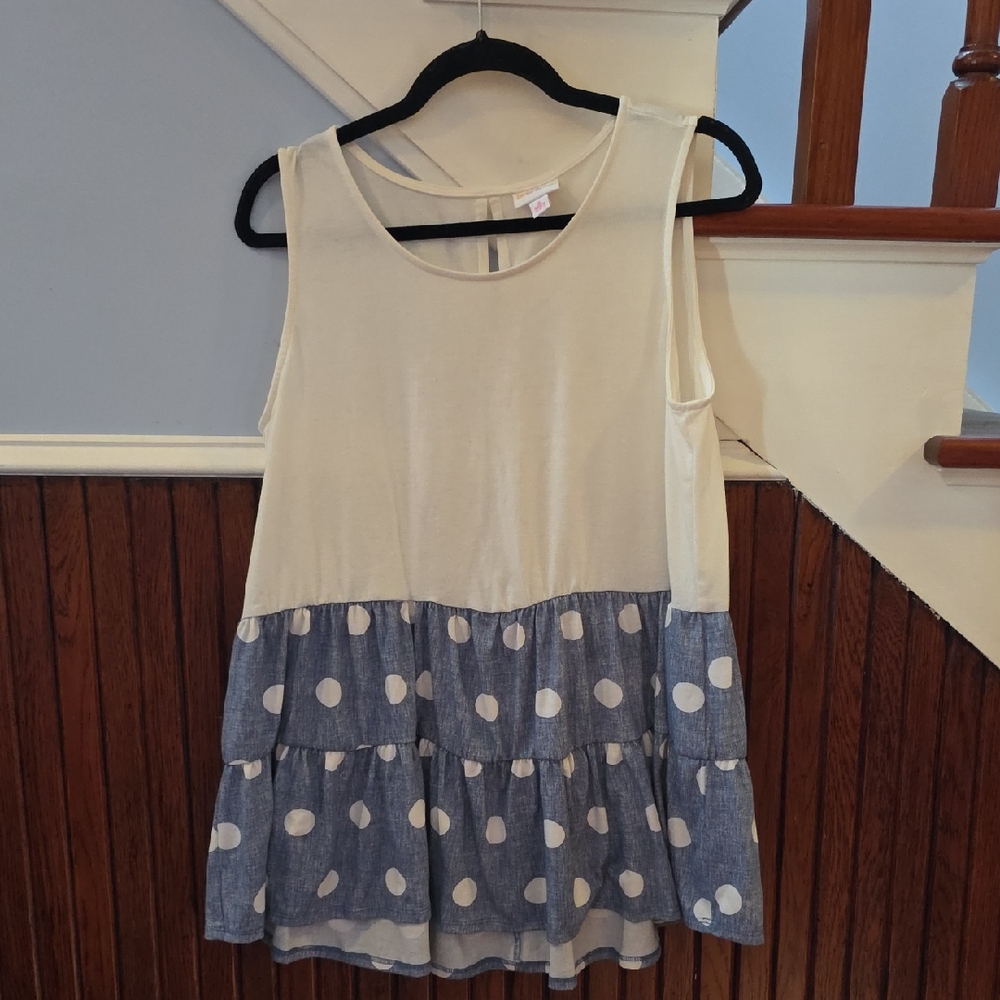 LuLaRoe Small Eliana Sleeveless Tiered Top Blue & White